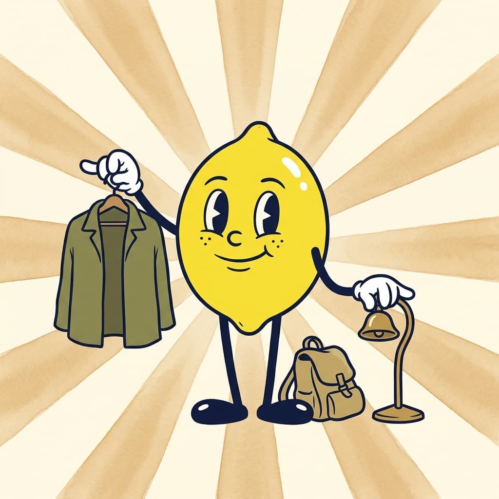 Painted cartoon lemon holding up an olive field jacket on a hanger with one hand and ringing a brass shop bell with the other, a canvas backpack at his feet, in front of a warm sunburst.