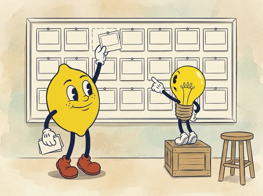 Painted cel of the lemon pinning one more blank card onto a board already filled with rows of them, while the lightbulb, standing on a crate to reach, points at a card in the middle row.