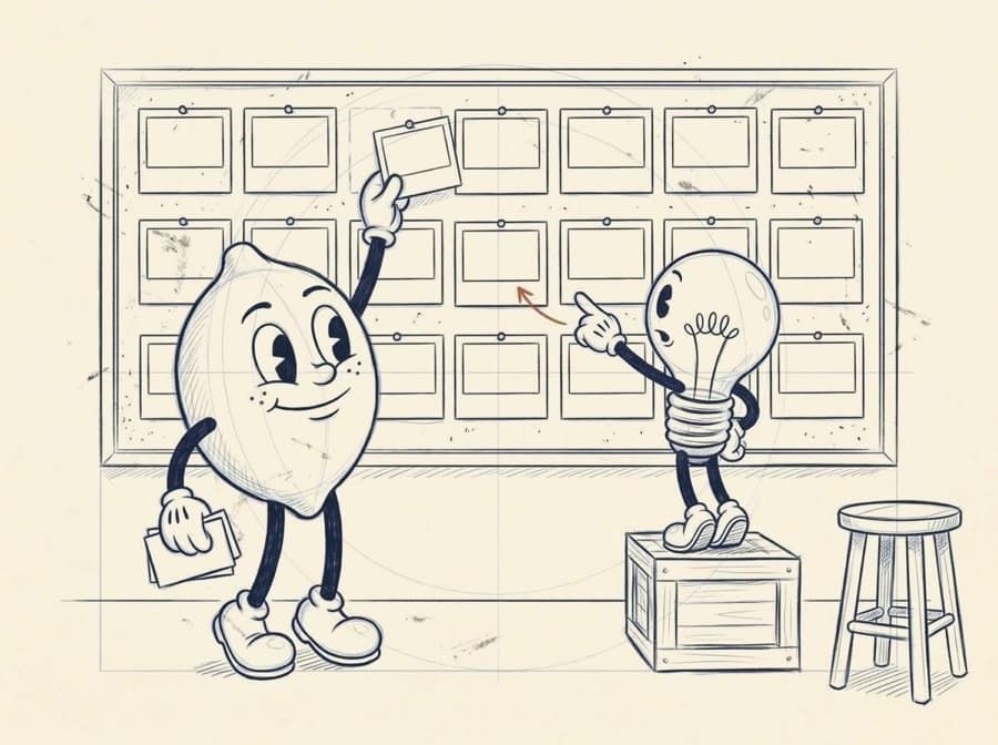 Pencil rough of the lemon pinning one more blank card onto a board already filled with rows of them, while the lightbulb, standing on a crate to reach, points at a card in the middle row.