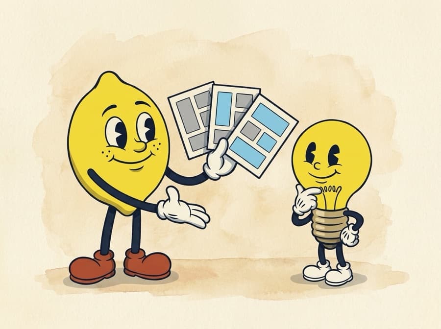 Painted cel of the lemon fanning out three layout boards like playing cards, while the lightbulb leans in with a glove under his chin to study the middle one.