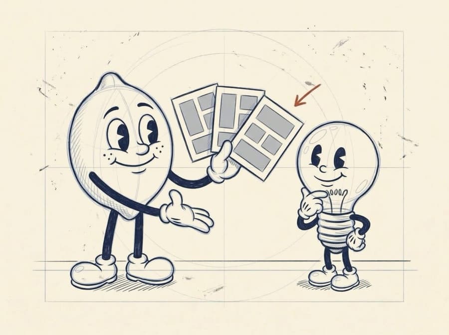 Pencil rough of the lemon fanning out three layout boards like playing cards, while the lightbulb leans in with a glove under his chin to study the middle one.