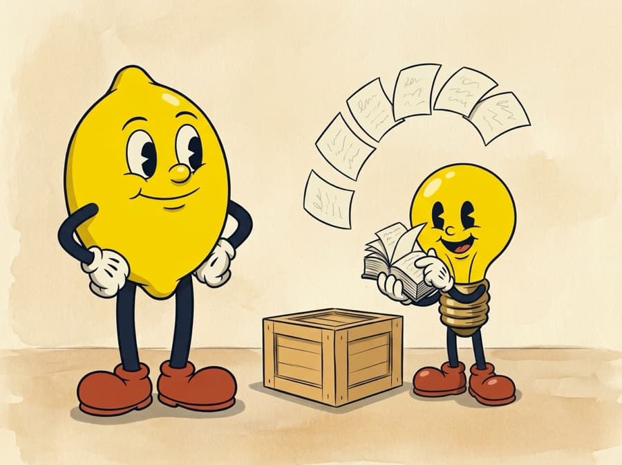 Painted cel of the lemon having just handed over a thick flip-book, and the lightbulb riffling its pages with a thumb, delighted, loose pages flying up.