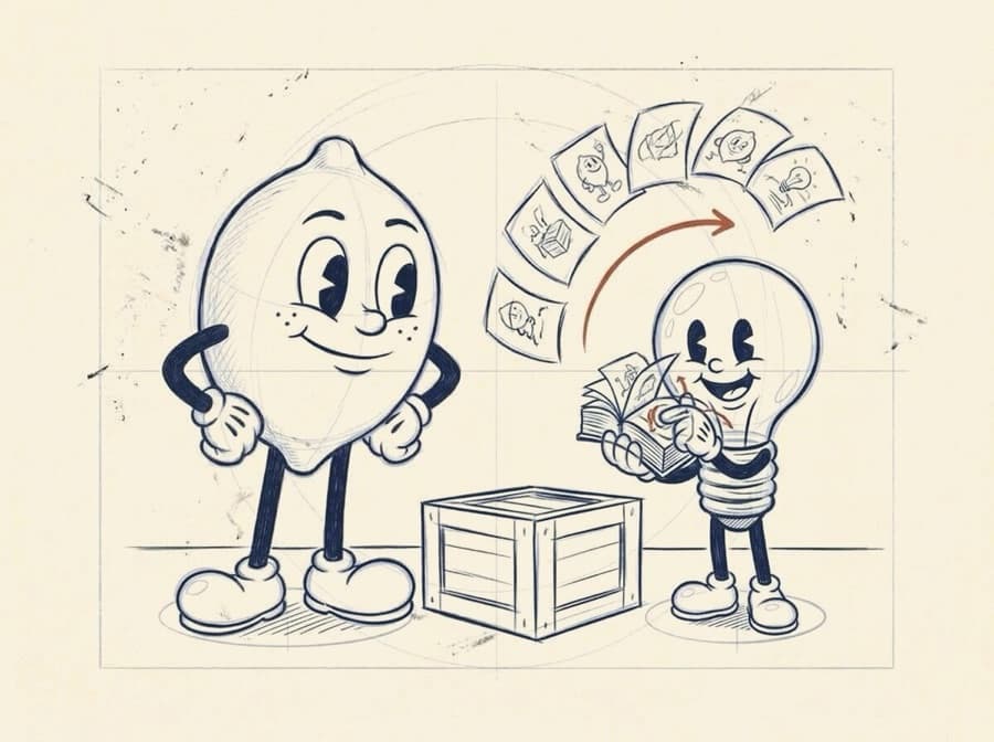 Pencil rough of the lemon having just handed over a thick flip-book, and the lightbulb riffling its pages with a thumb, delighted, loose pages flying up.