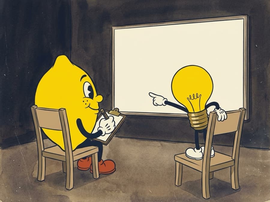 Painted cel of a small dark screening room: the lemon in a chair taking notes on a clipboard, the lightbulb up on the next seat jabbing a glove at the lit screen.