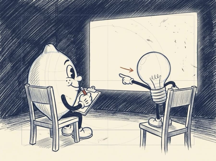 Pencil rough of a small dark screening room: the lemon in a chair taking notes on a clipboard with a red pencil, the lightbulb up on the next seat jabbing a glove at the lit screen.
