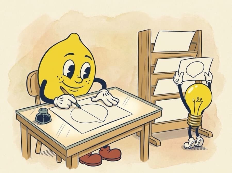 Painted cel of the lemon bent over a lit glass-topped desk, inking one clean line across a half-sketched shape, while the lightbulb holds a finished sheet up to the light beside the drying rack.