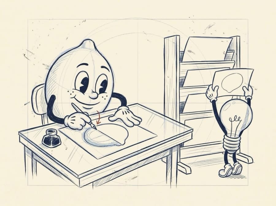 Pencil rough of the lemon bent over a lit glass-topped desk, inking one clean line across a half-sketched shape, while the lightbulb holds a finished sheet up to the light beside the drying rack.