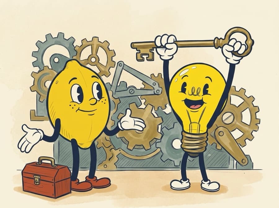 Painted cel of the lightbulb holding a large brass key above his head in both gloves, the lemon beside him with open empty gloves and his toolbox packed at his feet, a finished machine of gears behind them.