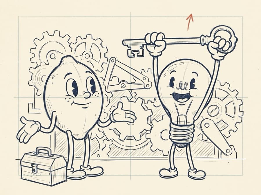 Pencil rough of the lightbulb holding a large brass key above his head in both gloves, the lemon beside him with open empty gloves and his toolbox packed at his feet, a finished machine of gears behind them.