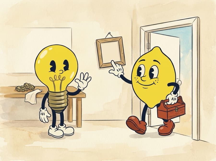 Painted cel of the lemon on his way out of the door with his toolbox, pausing to straighten a crooked picture frame on the wall, while the lightbulb waves goodbye.