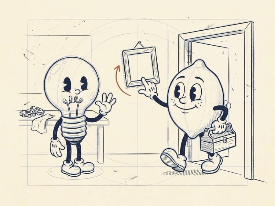 Pencil rough of the lemon on his way out of the door with his toolbox, pausing to straighten a crooked picture frame on the wall, while the lightbulb waves goodbye.