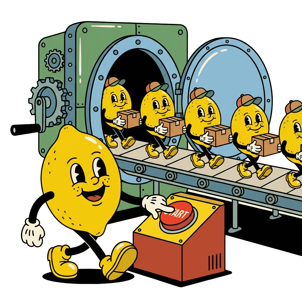 AI setup and automation: SmartLemon mascot starting an automated workflow; reports and deliverables at scale.