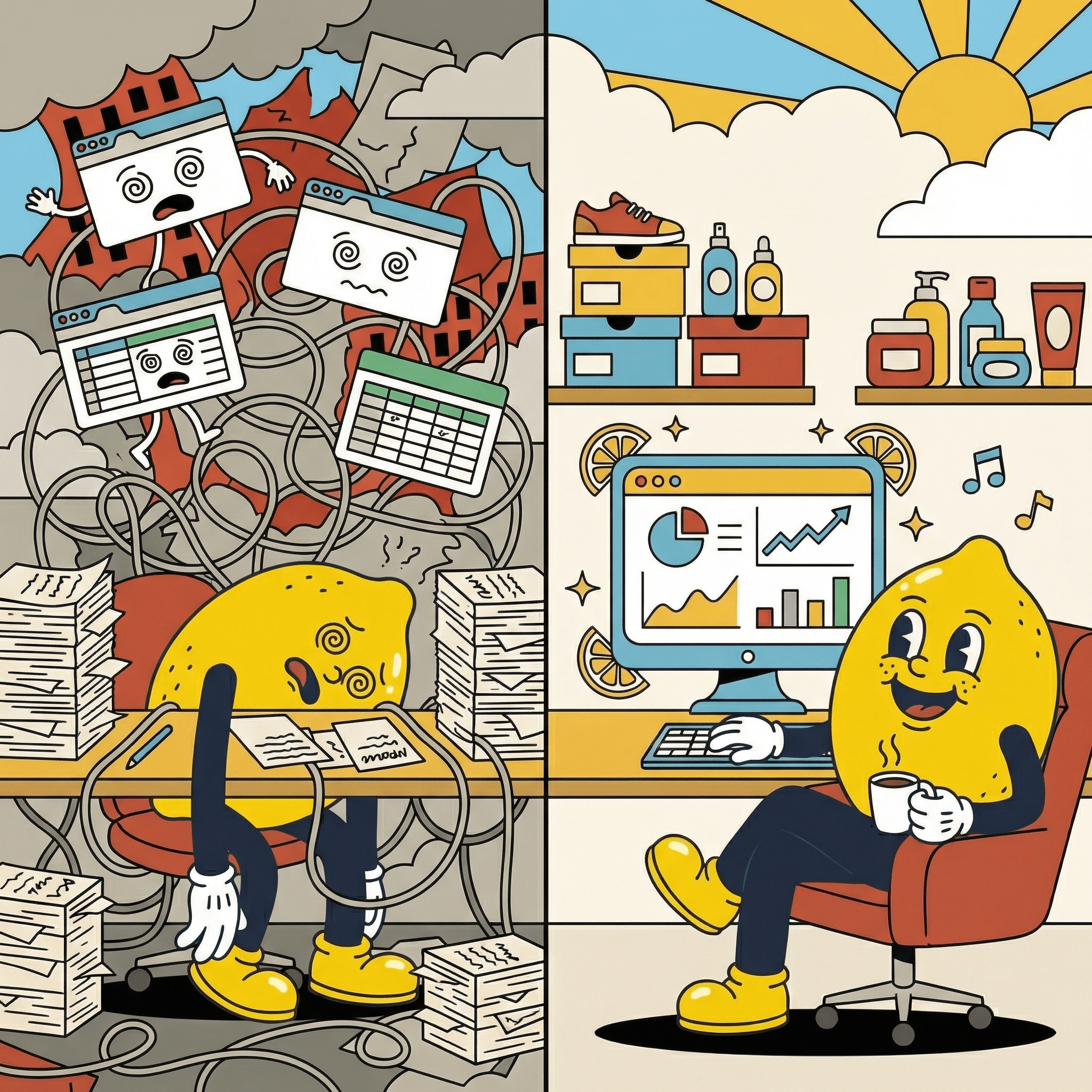Before: operator overwhelmed by tangled data and spreadsheets. After: same operator relaxed with clear analytics, organized products, and SmartLemon branding.