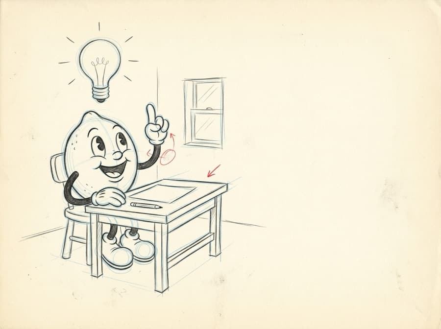 Pencil storyboard sketch of a cartoon lemon at a drafting desk, finger raised, with a glowing lightbulb over his head.