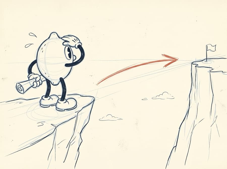 Pencil storyboard sketch of the lemon at a cliff edge, blueprint under his arm, looking across a wide canyon to a flag on the far side.
