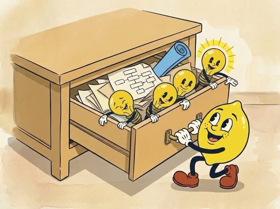 The same drawing painted: the yellow lemon hauls the drawer open and four lit lightbulb characters climb out over a rolled blueprint.