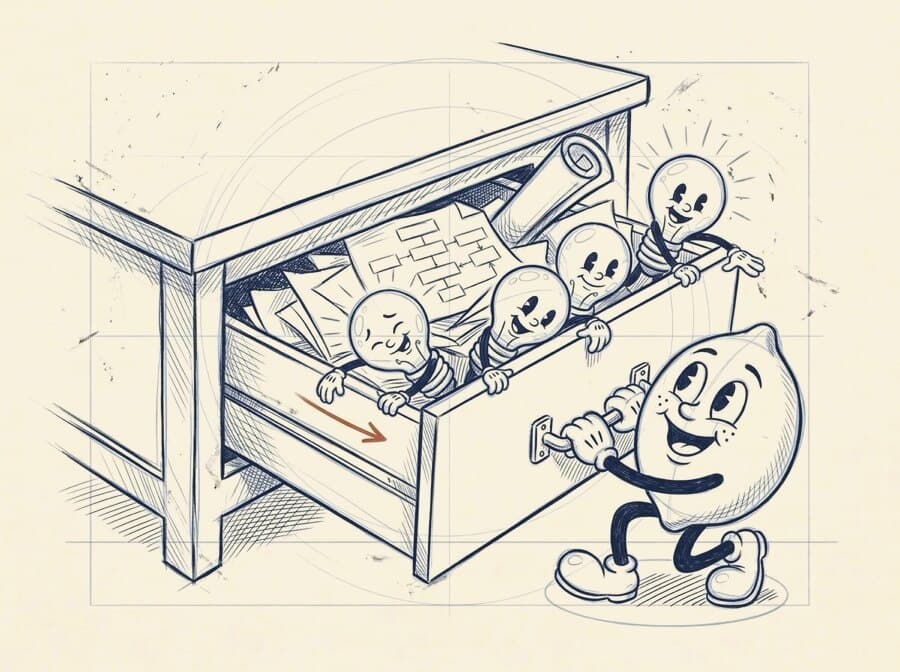 Pencil sketch of the cartoon lemon hauling open the bottom drawer of a wooden desk, while four little lightbulb characters climb out over the edge from a pile of folded plans and a rolled blueprint.