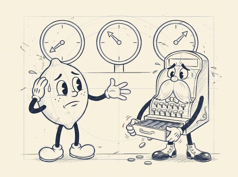 Pencil storyboard sketch of the worried lemon throwing a hand at three gauges whose needles all disagree, while Till the cash register tugs at his jammed drawer and spills coins.