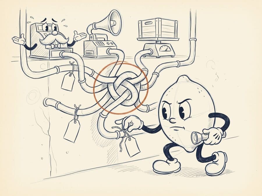 Pencil storyboard sketch of the lemon with a flashlight tagging pipes that run from a shrugging Till, a horn machine, and a crate scale into a knot circled in red pencil.