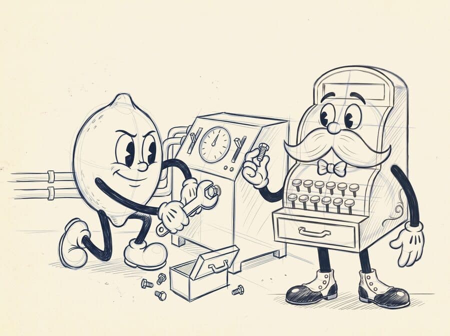 Pencil storyboard sketch of the lemon tightening the last bolt on a control console with a single dial, while Till holds out a spare bolt for him.