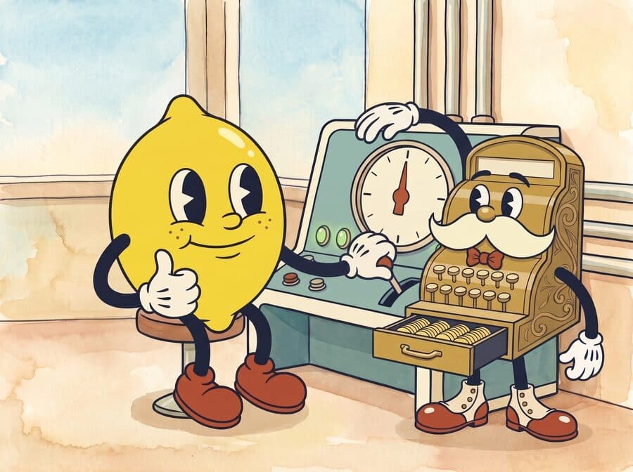 Painted cartoon cel of the calm lemon giving a thumbs up with his hand on the lever of a finished teal console, while Till leans on it beside him with a drawer full of coins.