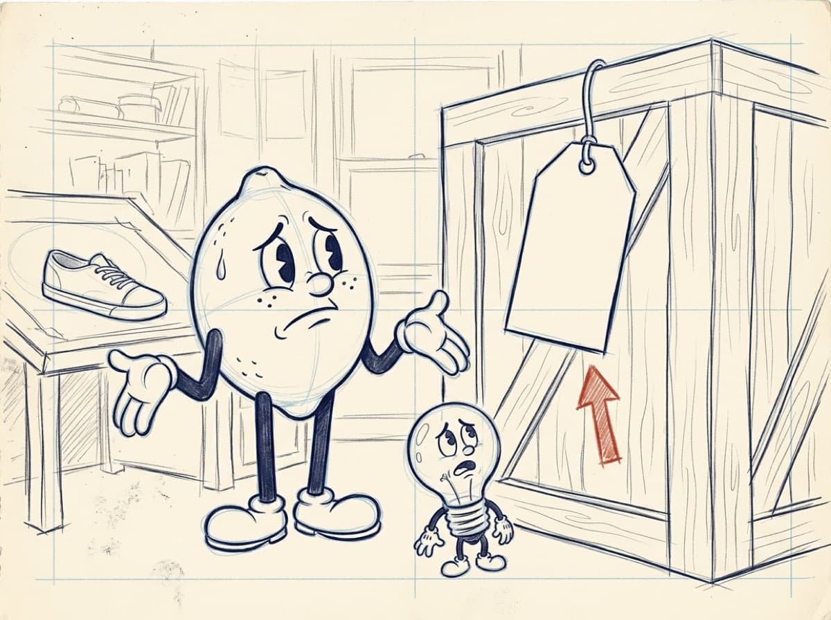 Pencil storyboard rough of the lemon shrugging in front of the giant crate, with a red pencil arrow pointing at the price tag.