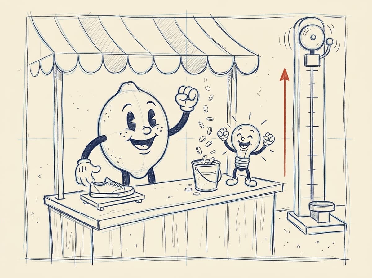 Pencil storyboard rough of the lemon cheering at the fairground stall as the strength-tester rings its bell, the first sketch of scene two.