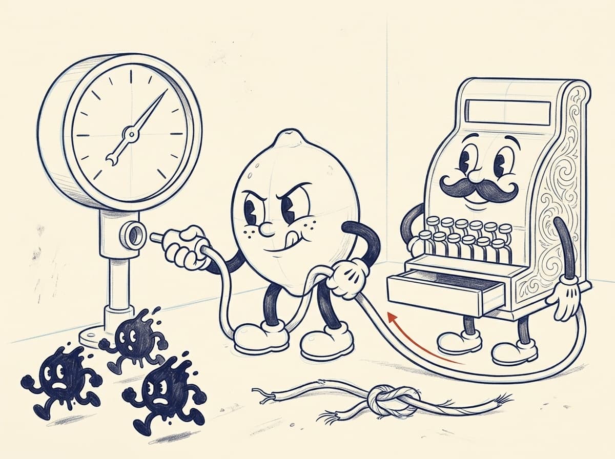 Cleaner pencil drawing of the lemon plugging the new cable from the cash register into the meter while three ink-blot gremlins run off.