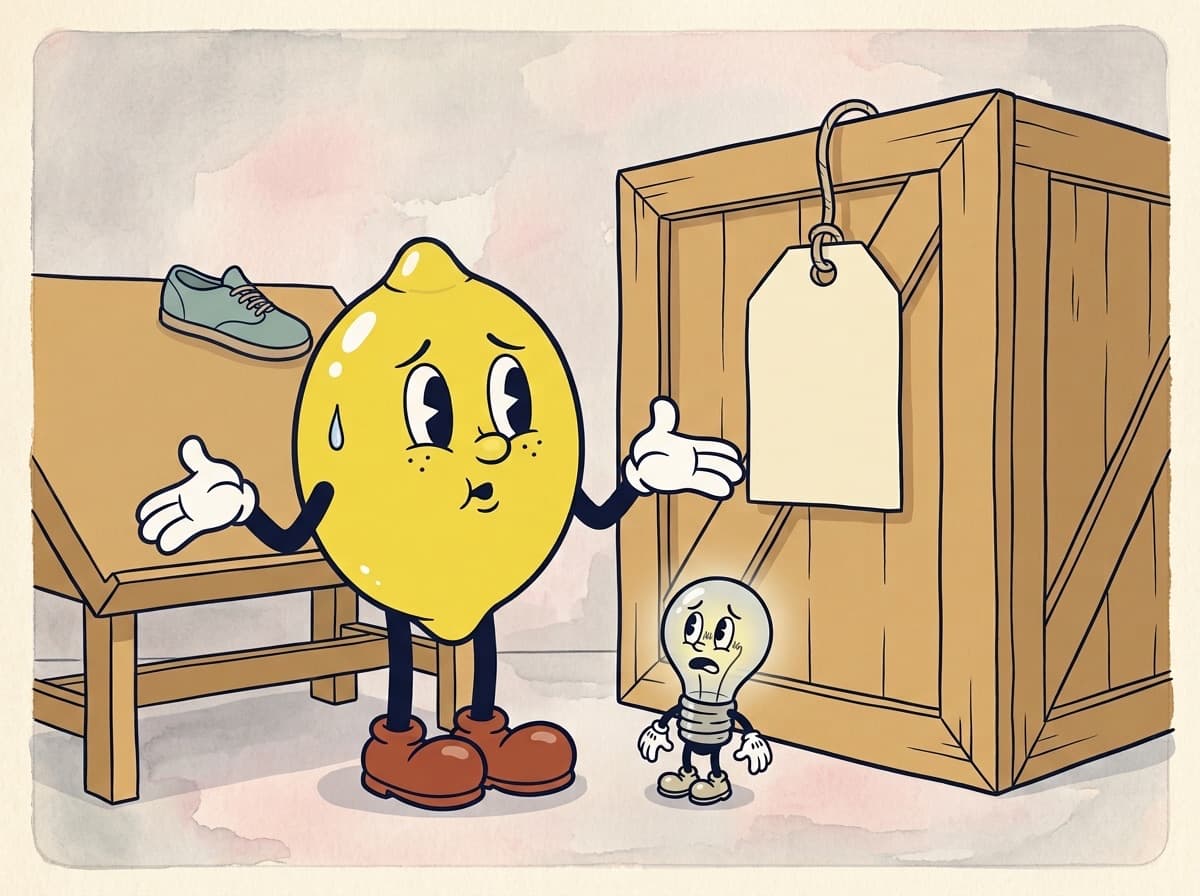 Painted cartoon frame of a sweating lemon shrugging with empty hands beside a desk holding one sample sneaker, facing a huge factory crate with a giant blank price tag, while a dim lightbulb character looks worried.