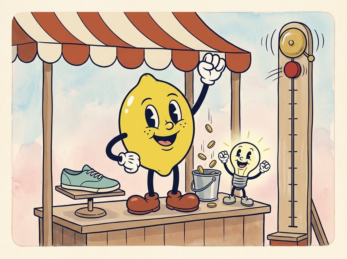 Painted cartoon frame of the lemon cheering behind a striped fairground stall with one sneaker on display, coins raining into a bucket, the lightbulb character glowing, and a strength-tester ringing its bell.