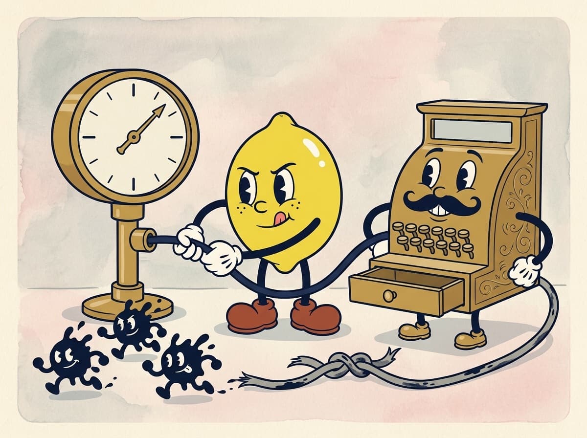 Painted cartoon frame of the lemon plugging a new cable from a moustached brass cash register into a large brass meter, while three ink-blot gremlins run away from a frayed, knotted old cable.