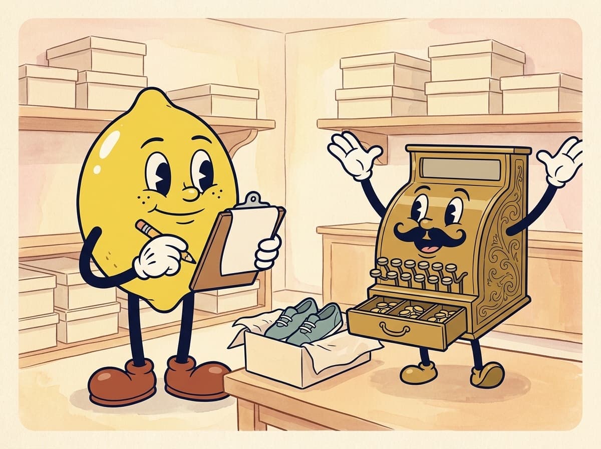 Painted cartoon frame of the lemon ticking off a clipboard in a tidy stockroom of shoeboxes, one box open to show a pair of teal sneakers, while the brass cash register cheers with its drawer full of coins.
