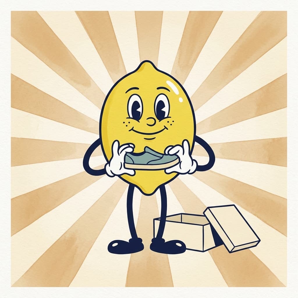 Painted cartoon lemon bending a soft teal sneaker between his gloved hands to show how flexible the sole is, an open shoebox at his feet, in front of a warm sunburst.