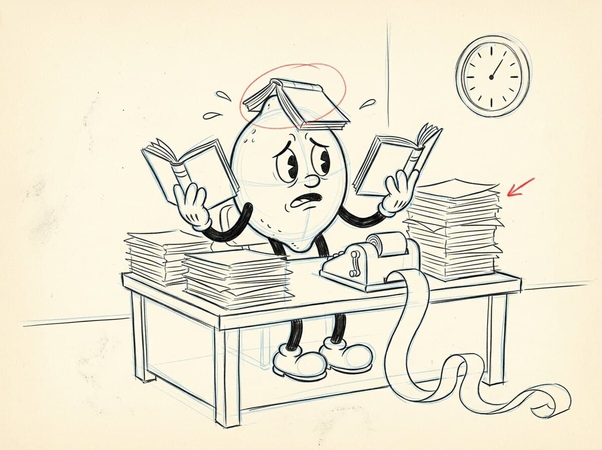 Pencil storyboard rough of the lemon buried in ledgers at his desk, the first sketch of scene one.