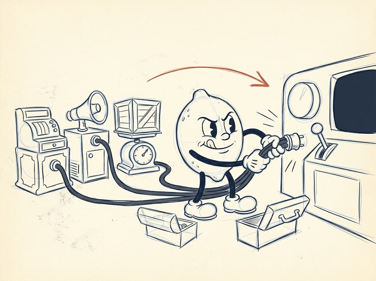 Pencil storyboard rough of the lemon plugging three machines into one console, the first sketch of scene two.