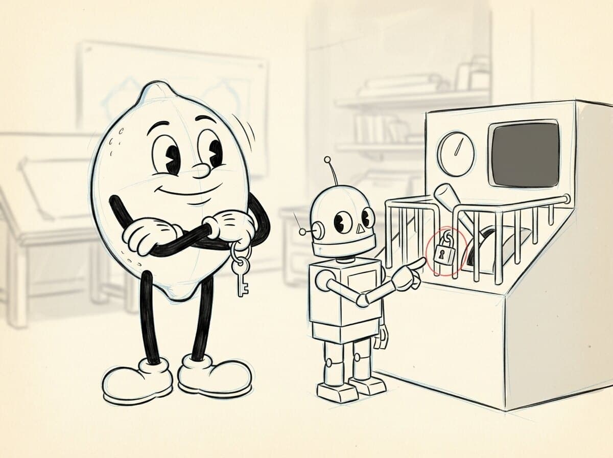 Cleaner pencil drawing of the tin robot pointing at the caged lever while the lemon holds the key.