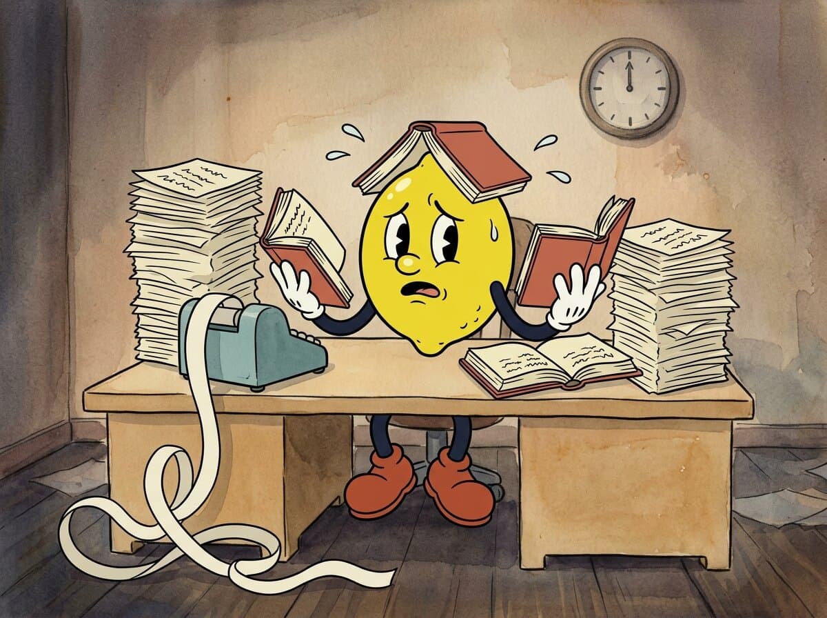 Painted cartoon frame of a frazzled lemon at a desk in a dim office, a ledger in each hand and one on his head, paper tape spilling from an adding machine.
