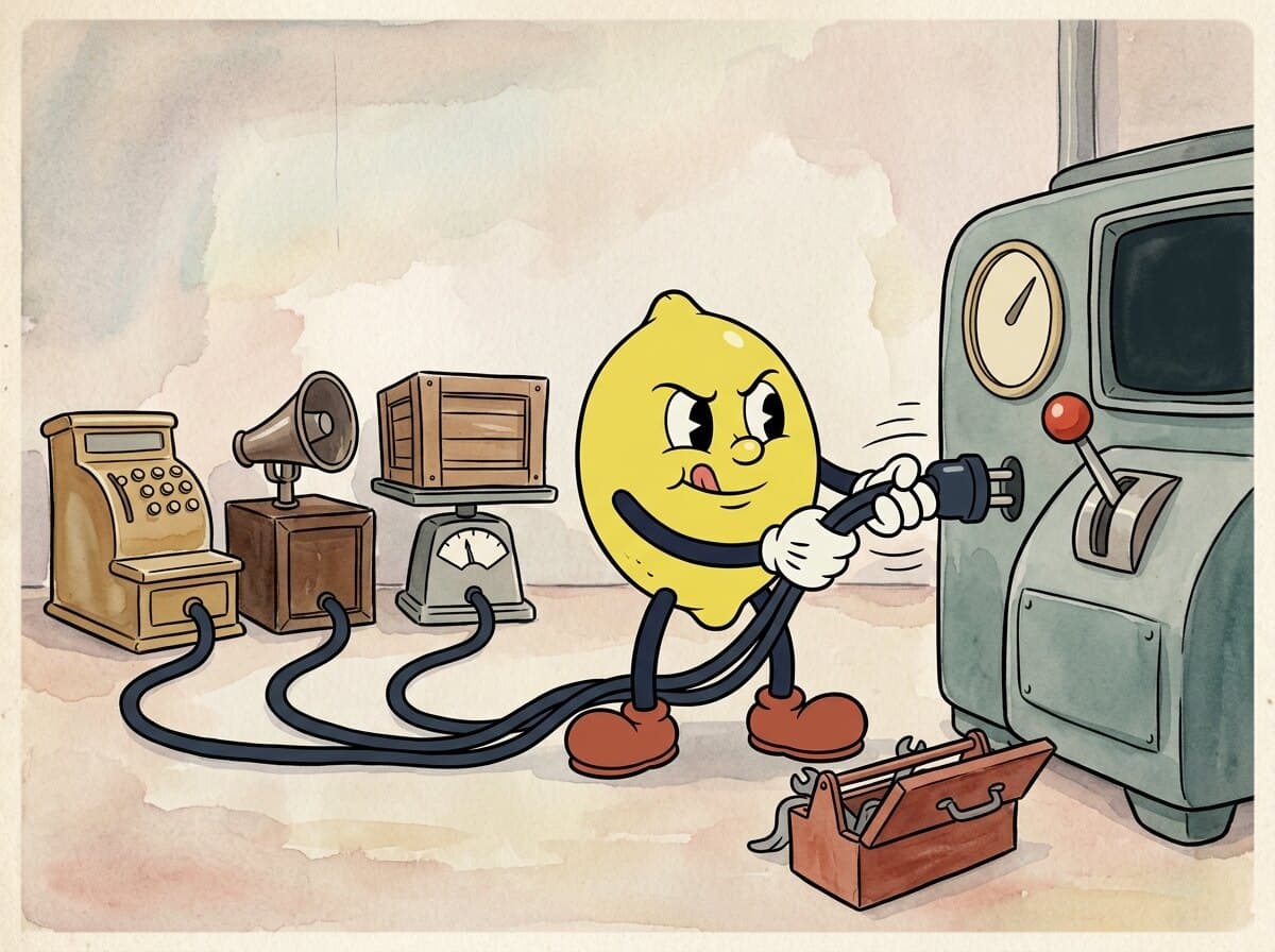 Painted cartoon frame of the lemon plugging three cables, from a cash register, a megaphone, and a crate on a scale, into one large console.