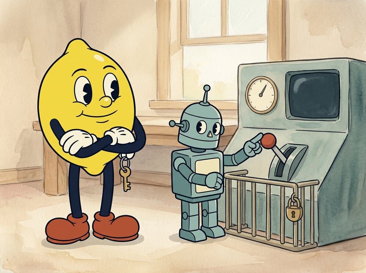 Painted cartoon frame of a small tin robot pointing at a console lever behind a padlocked guard rail, looking back at the lemon, who holds the key.