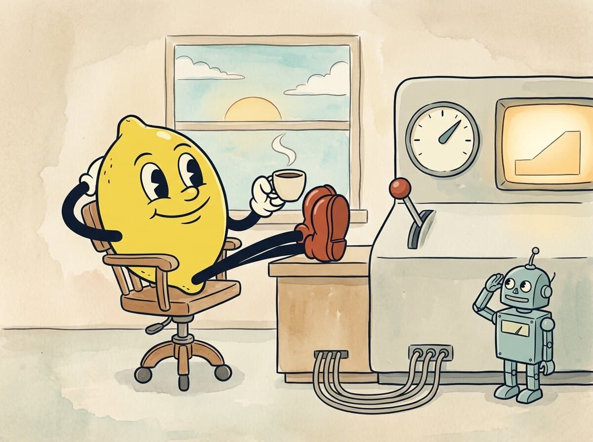 Painted cartoon frame of the lemon relaxing with coffee, feet up, beside a calm console with a steady dial, while the tin robot salutes.