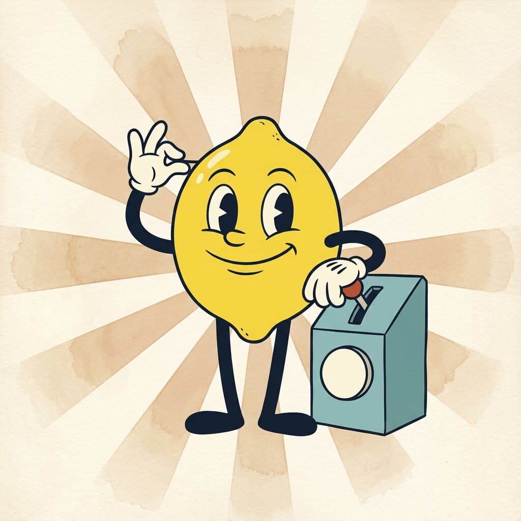 Painted cartoon lemon tipping an imaginary hat, one hand on the lever of a small teal console, in front of a warm sunburst.