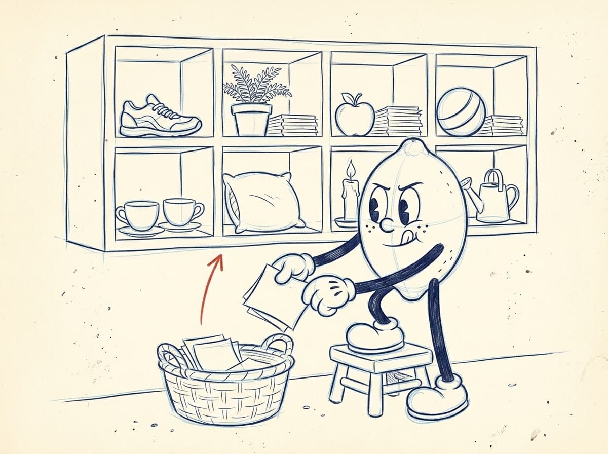 Pencil storyboard rough of the lemon on a stool sorting papers into the eight cubbyholes, with a red pencil arrow from the basket to the shelf.