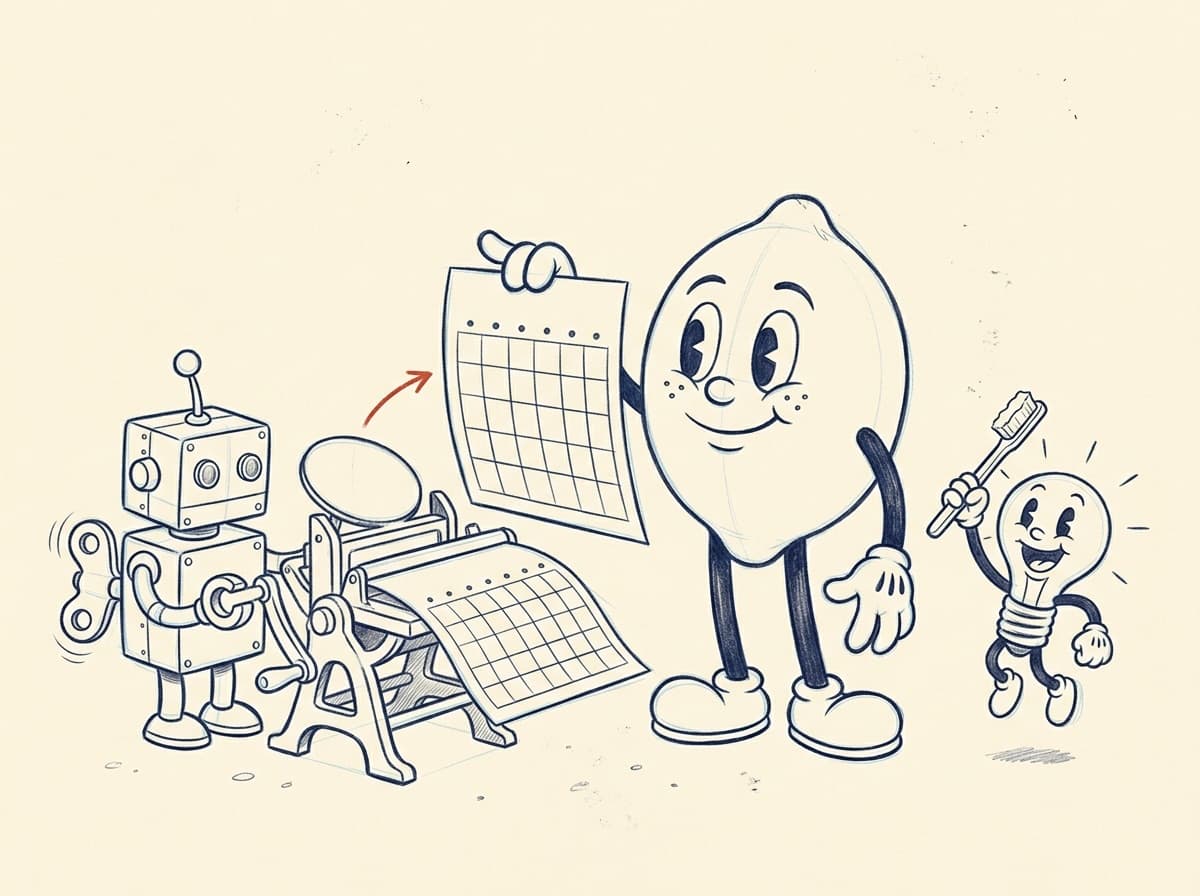 Cleaner pencil drawing of the tin robot cranking the printing press as the lemon holds up the calendar sheet and the lightbulb character jumps with its toothbrush.