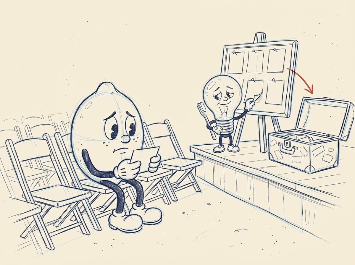 Pencil storyboard rough of the lemon in the front row holding one card while the lightbulb character unpins the board beside an open trunk, a red pencil arrow pointing from the board into the trunk.