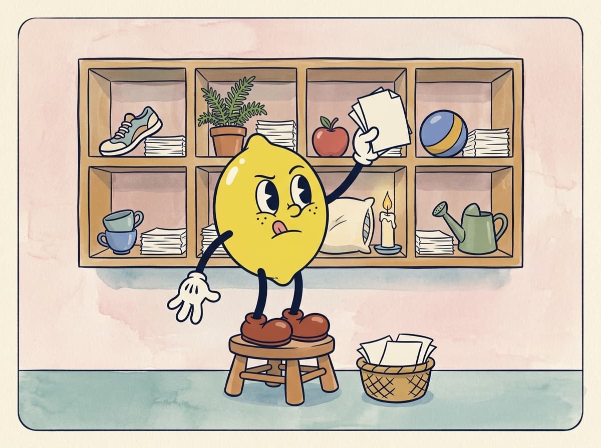 Painted cartoon frame of the lemon on a low stool, tongue out in concentration, sorting papers from a basket into a wooden shelf of exactly eight cubbyholes holding a sneaker, a fern, an apple, a ball, two teacups, a pillow, a candle, and a watering can.
