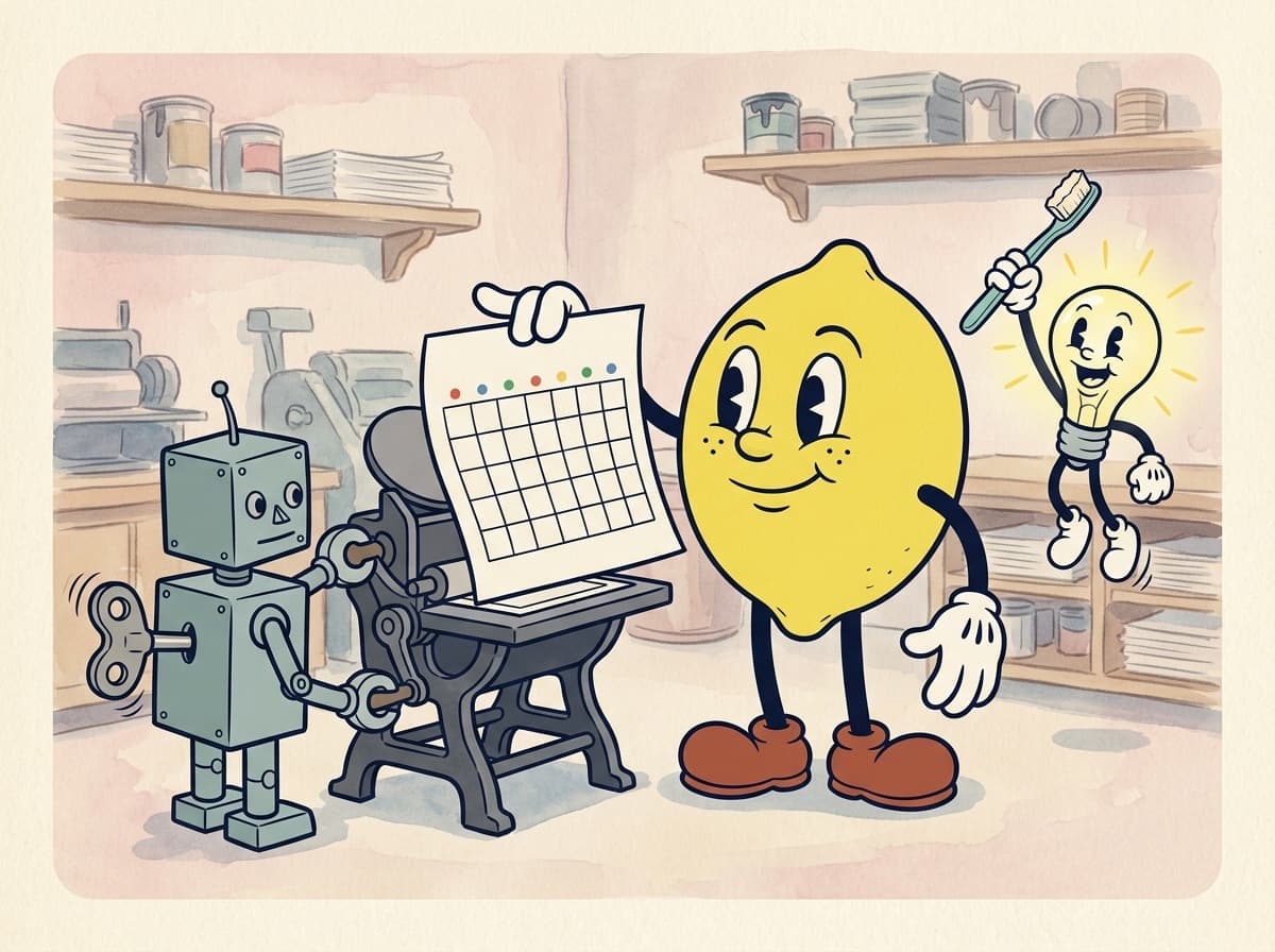 Painted cartoon frame of the tin robot cranking a small cast-iron printing press while the lemon holds up a fresh blank calendar sheet and the glowing lightbulb character jumps for joy with its toothbrush.