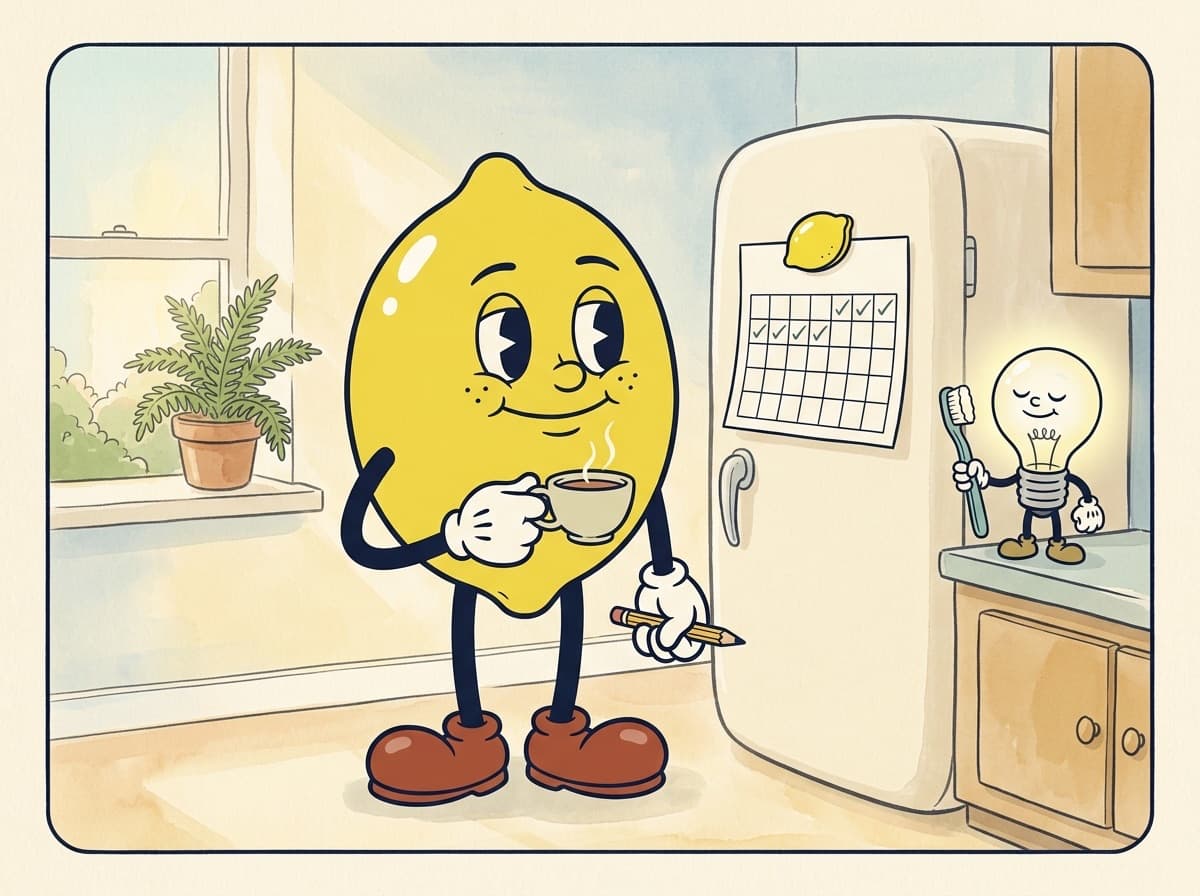 Painted cartoon frame of the lemon holding a steaming teacup in a sunny kitchen, looking contentedly at a calendar on the refrigerator with a third of its squares ticked, while the lightbulb character glows on the counter with its toothbrush.