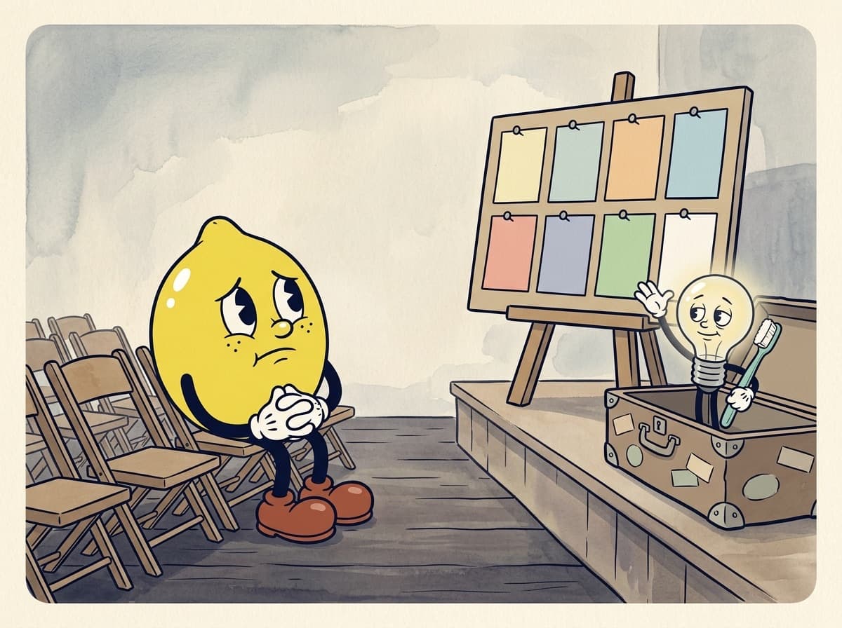 Painted cartoon frame of a wistful lemon sitting alone among empty folding chairs, looking up at a stage where an easel holds eight blank coloured cards and the lightbulb character waves from inside a travelling trunk, toothbrush in hand.