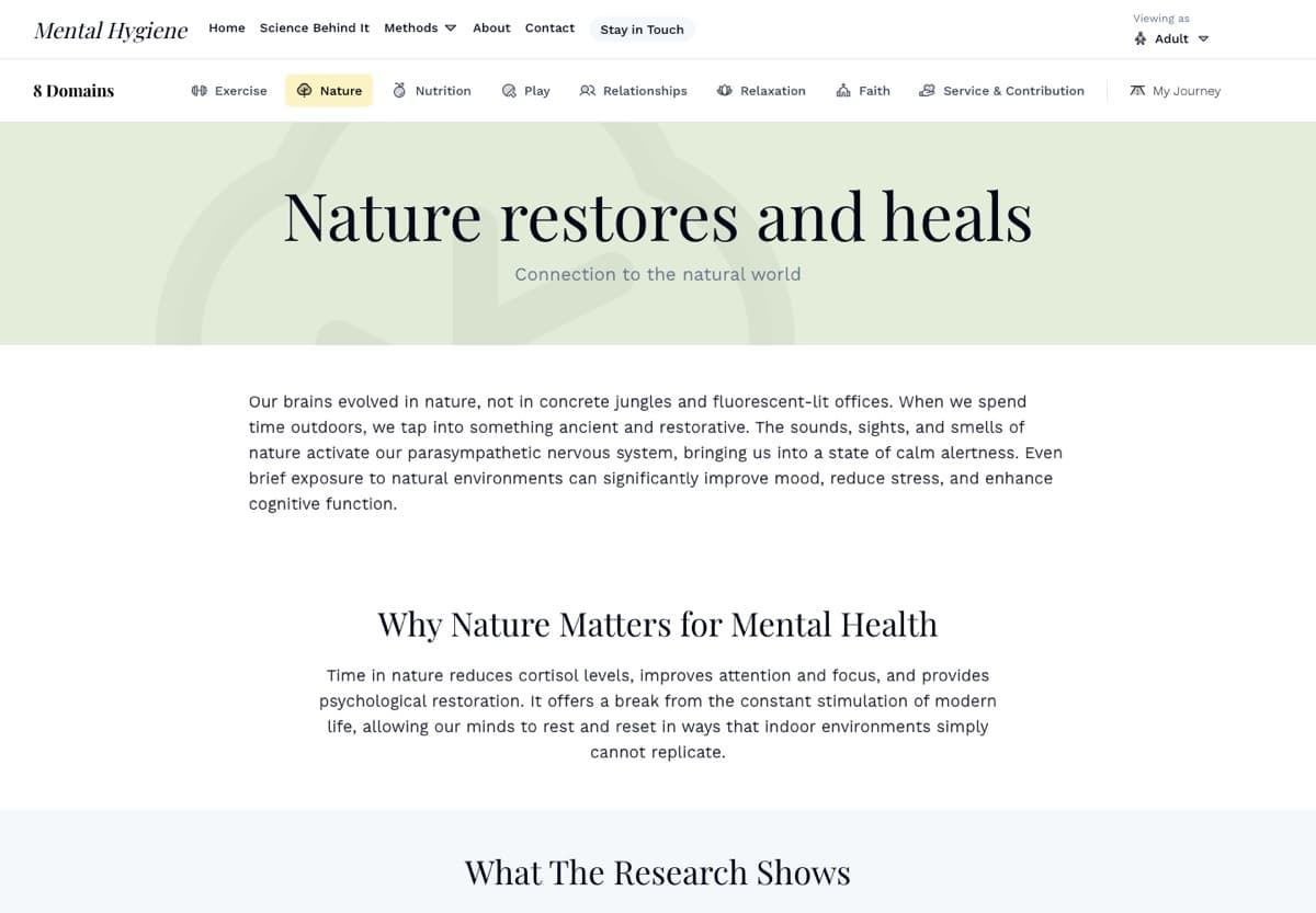 Screenshot of the Nature page on Mental Hygiene, with a tab bar of all eight domains, a soft green header, and plain-language guidance on time outdoors.