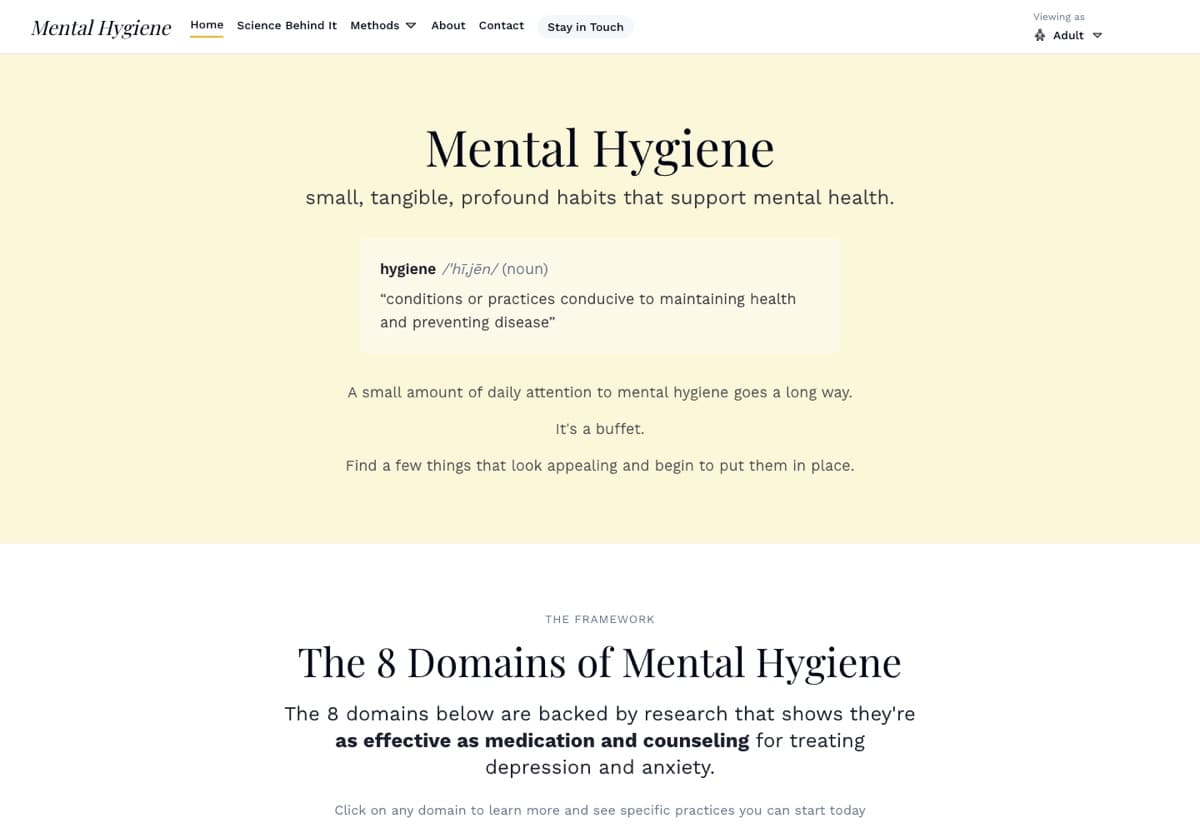 Screenshot of the Mental Hygiene homepage with the site name in a serif face, a dictionary definition of hygiene, and the heading for the eight domains below.